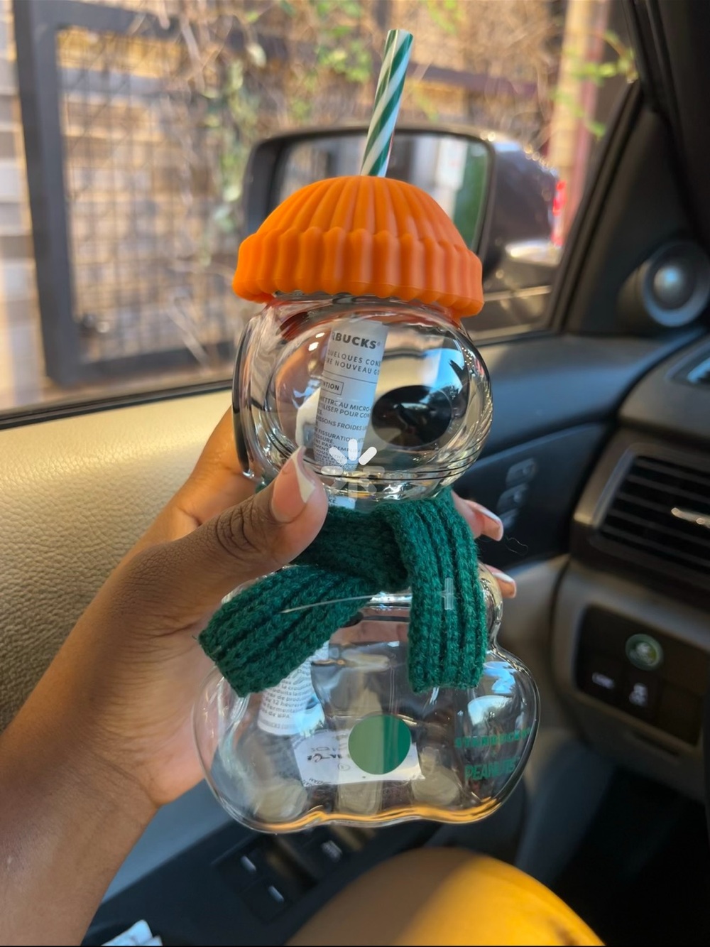 Starbucks Clear snoopy Glads Bottle with Orange Hat and Green Scarf